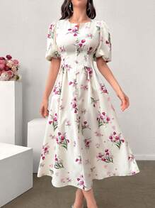 Modelyn Vestido largo de mujer con estampado floral, mangas de globo y cintura ceñida, vestido de noche informal y elegante para el verano
