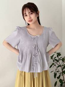 FRIFUL Camisa corta de manga abullonada y rayas plisadas para mujer con lazo delantero de verano - Caqui - Ver 8