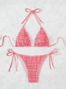 Swim Mod 女士格紋束頸比基尼套裝,適用於海灘度假 - 紅白色 - 查看 3