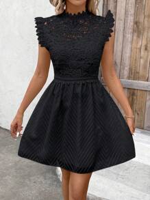 Pariaura Women's Summer Elegant Lace Patchwork Stand Collar Flutter Sleeve A-Line Dress - Black - View 2