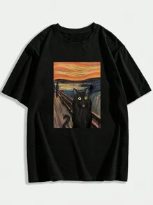 Manfinity Dauomo Men's Loose Fit Cat Print Round Neck T-Shirt For Summer Casual Wear