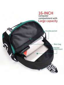 荧光色背包套装，含铅笔盒，大容量，超大尺寸，防刮耐用，是度假、旅行、通勤、商务、高中等场合的理想之选，简约休闲卡通时尚街头风格，双色设计，适合学生、男士、青少年。 - 黑色 - 查看 7