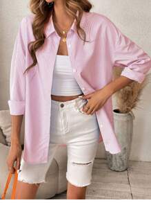 Chiquease 女性春夏款寬大版型落肩長袖條紋休閒襯衫 - 粉色 - 查看 5