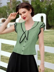 Vintamour 复古优雅春夏撞色水手领打结荷叶边袖衬衫，夏季外出上衣，绿色女式衬衫，绿色上衣，绿色衬衫，外出上衣，春夏绿色衬衫 - 綠色 - 查看 6