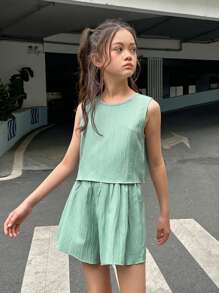 SHEIN Tween Girl Casual Spring/Summer Woven Solid Color Sleeveless Top And Shorts Set - Cadet Blue - View 3