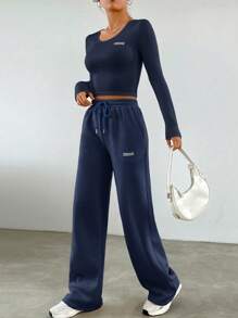 SHEIN EZwear Spring Blue Y2k Letter Patched Crop Tee & Drawstring Waist Sweatpants Two Piece Set - Blue - View 4
