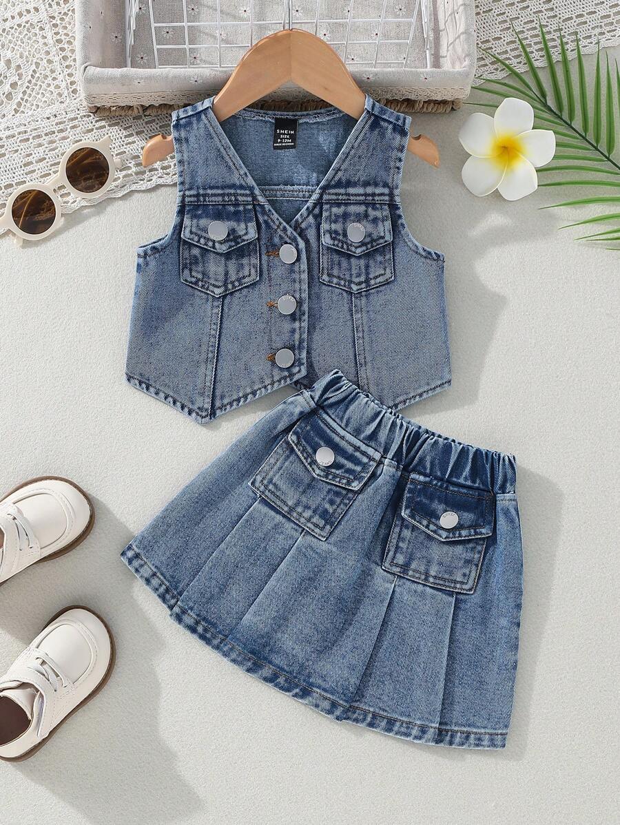 SHEIN Baby Girl Street Style Summer Denim Vest With Button-Front Closure And Skirt Set, Versatile - Light Wash - View 1