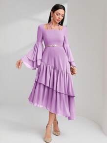 Modelyn Vestido de noche de unicolor con mangas acampanadas, volantes y bajo asimétrico para mujeres