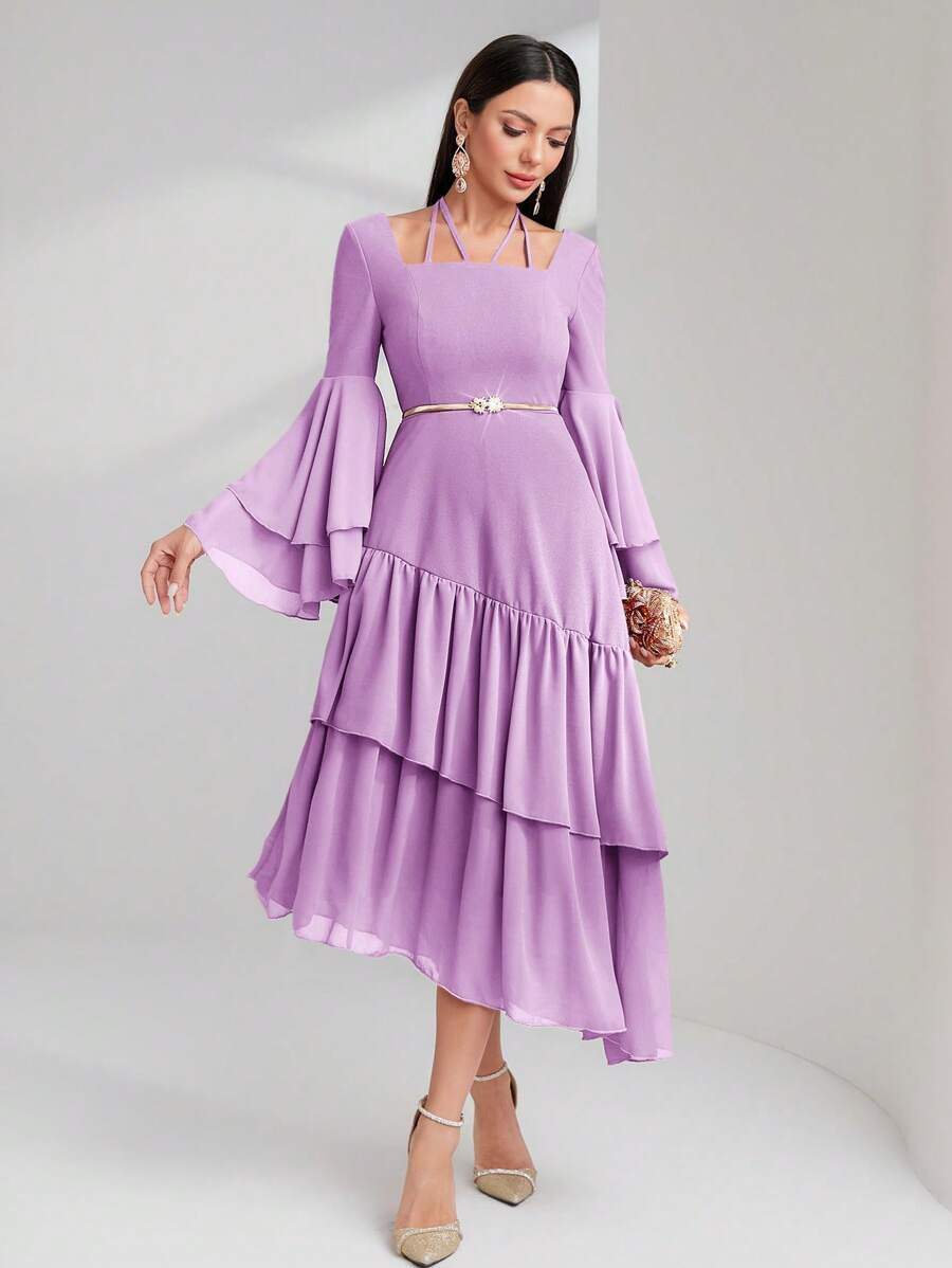 Modelyn Ladies' Solid Color Flare Sleeve Ruffled Asymmetric Hem Dress Long Evening Dresses - Lilac Purple - View 1