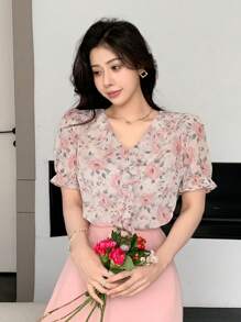 DAZY 女士优雅短袖衬衫，荷叶边蕾丝泡泡袖设计，花卉图案，夏季外出上衣，荷叶边度假装扮，复活节女士 - 彩色 - 查看 7