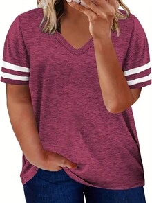 Plus Size V Neck Striped Casual Tee T-Shirt - Red Violet - View 3