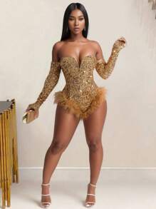 Women's Long Sleeve Sequin Embellished Feather Hem Slim Fit Jumpsuit, Suitable For Parties And Gatherings Wedding Spring Party - Gold - View 4