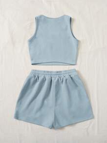 Comfortcana Knitted Plus Size Casual Sports Vest And Shorts Two Pieces Set - Blue - View 2