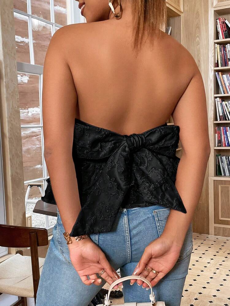 Plus Size Floral Printed Tube Top With Back Knot Detail For Summer