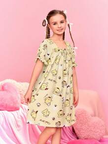 HELLO KITTY AND FRIENDS | SHEIN Tween Girl's Cute Square Neck Cartoon Printed Nightgown With Knot And Ruffle Trim