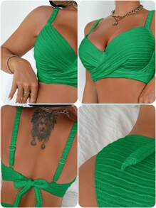 SHEIN Swim Của phụ nữ Màu thuần Textured Bộ Bikini - màu xanh lá - Xem 8