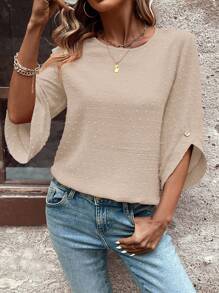 EMERY ROSE Women's Round Neck Solid Color Casual Medium-Sleeved Shirt, Simple Wild,Three Quarter Sleeve Tops - Apricot - View 6