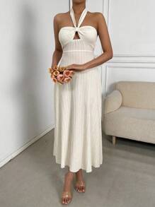 Chiquease Women's Halter Neck Backless Solid Dress - Apricot - View 1