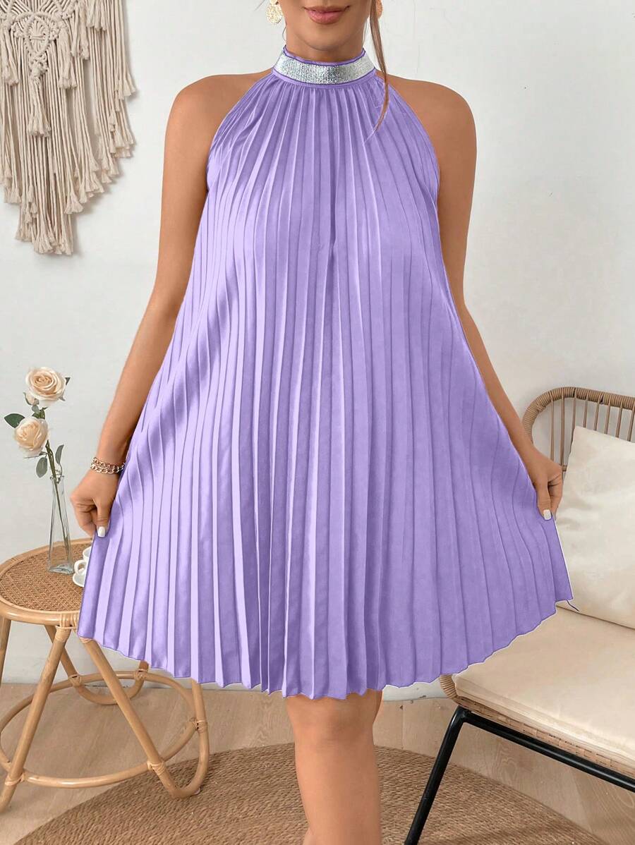 SHEIN Franclia Kích thước lớn Của phụ nữ Đúng mốt Bỏ khỏi vai Tím Đầm Với Ruffle Vòng cổ Và Xếp - Màu tím - Xem 1