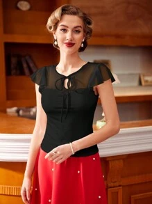 Vintamour Mesh Panel Ruffle Sleeve Round Neck Tee With Tie Summer Clothes Old Money Aesthetic Women Tops Teacher Tops Crew Neck Valentine Day Summer Bow Crop Tops Going Out Tops Women Birthday Outfits For Women Business Casual Woman Valentine's Day Cute Tops Lace Top Tops Valentine Day Summer Outfits For Women