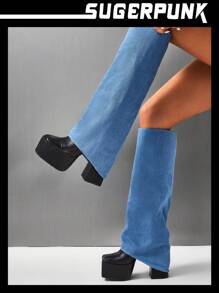 Sugerpunk Women Slip On Square Toe Platform Classic Boots, Fashionable Outdoor Denim Boots
