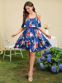 SHEIN Clasi Vestido de chifón floral con hombros descubiertos - Azul - Ver 4