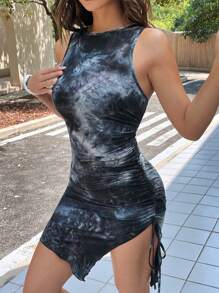 SHEIN EZwear Tie-Dye Knit Summer Casual Sleeveless Bodycon Dress With Drawstring Side - Black and White - View 5
