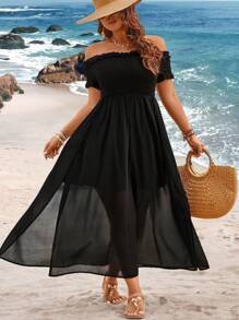 Sunnyshic Große Größen Off-Shoulder Maxikleid mit hohem Schlitz im Sommerbohostil mit offenem Rückenausschnitt für den Urlaub, Strandoutfits für Frauen