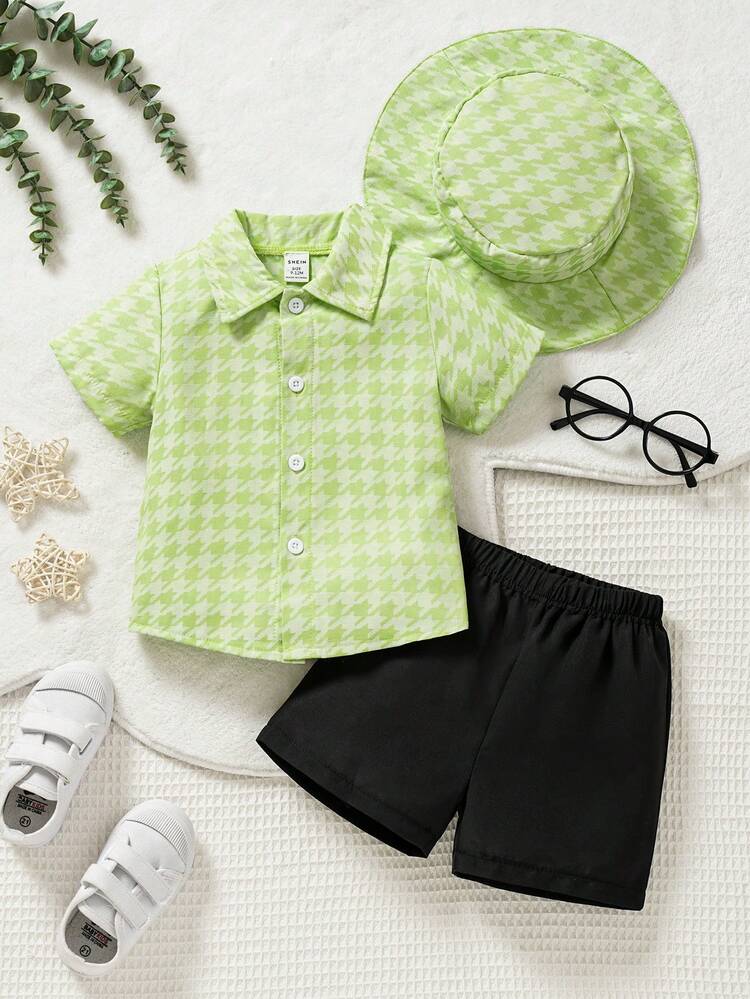 Baby Boy 3pcs Leisure Street Fashionable Plaid Fabric Shirt & Shorts Outfits With Hat