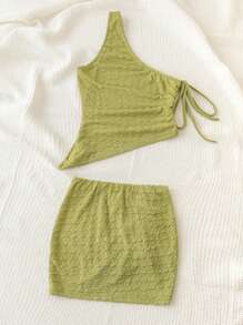 Soleia 女士休閒不對稱束腰褶皺綠色紋理假日兩件套裝 - 綠色 - 查看 2