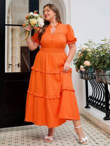 Simplee Plus Size Women's Romantic Ruffle Hem Solid Color Pleated Dress, Suitable For Wedding Guest, Vacation, Music Festival, Birthday Elegant Summer - Orange - View 5