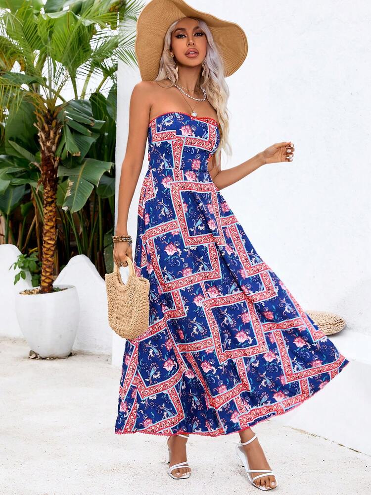 Vacation Summer Patchwork Printed Strapless Dress