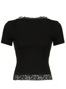 SHEIN Essnce Mùa hè Ngắn Ren Chặt Thời trang Áo thun - màu đen - Xem 2
