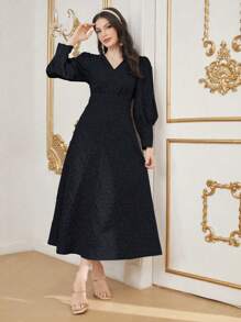 Modelyn Women's Spring/Autumn Solid Color Jacquard Bubble Sleeve Dress