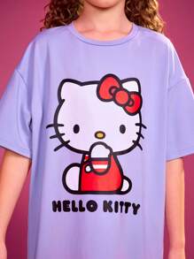 HELLO KITTY AND FRIENDS | SHEIN Tween Girls' Cute And Casual Cartoon Letter Printed Purple T-Shirt Dress - Purple - View 7