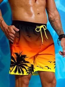 Zalmeno Men's Palm Tree Printed Beach Shorts,Hawaiian - Yellow - View 5