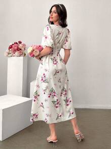 Modelyn Vestido largo de mujer con estampado floral, mangas de globo y cintura ceñida, vestido de noche informal y elegante para el verano