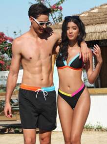 Manfinity VDAYZ 1 件男士简约拼色抽绳泳裤沙滩短裤情侣装度假泳装，夏威夷风 - 黑色 - 查看 3