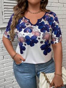 SHEIN LUNE Plus Size V-Neck Short Sleeve Floral Printed T-Shirt With Notched Neckline For Summer - Multicolor - View 5