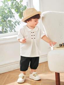 SHEIN Baby Boys' Peter Pan Collar Decor Buttoned Top And Solid Color Shorts 2pcs Set Suitable For Summer