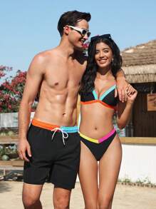 Manfinity VDAYZ 1 件男士简约拼色抽绳泳裤沙滩短裤情侣装度假泳装，夏威夷风 - 黑色 - 查看 4