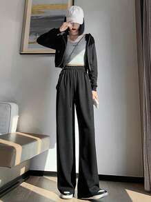 女士休閒時尚束帶直腳褲 - 黑色 - 查看 3