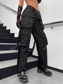 Street Vibes Tape Flap Pocket Side Cargo Parachute Pants