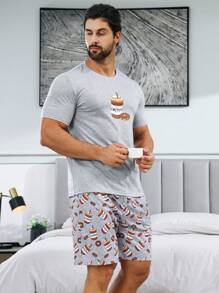 Men Casual Coffee Print Short Sleeve And Shorts Homewear Set
