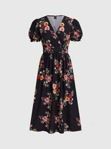 SHEIN Clasi Vestido maxi con escote en V, manga corta abultada y estampado floral para mujer