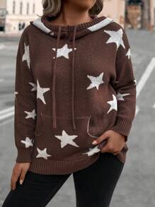 Calvaya Plus Size Women's Sweater With Starry Print And Drawstring Knit Pullover Fall Winter Autumn - Coffee Brown - View 4