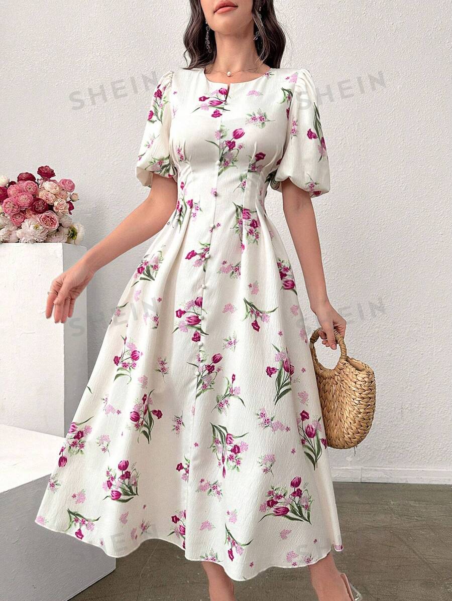 Modelyn Vestido largo de mujer con estampado floral, mangas de globo y cintura ceñida, vestido de noche informal y elegante para el verano