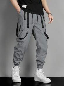 Manfinity EMRG Men Contrast Tape Flap Pocket Drawstring Waist Cargo Trousers - Grey - View 5