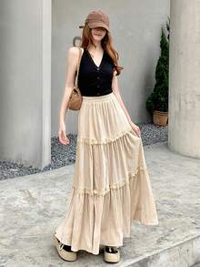 DAZY Ladies' Spring/Summer Lace & Floral Long Skirt - Apricot - View 2