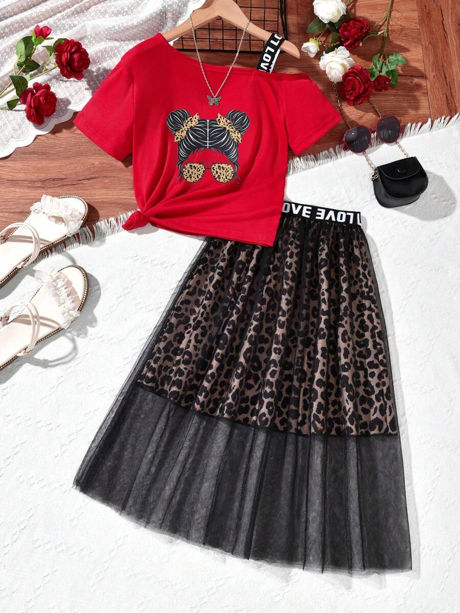 Tween 女童豹纹不对称领口上衣和网眼裙套装 - 紅色 - 查看 1